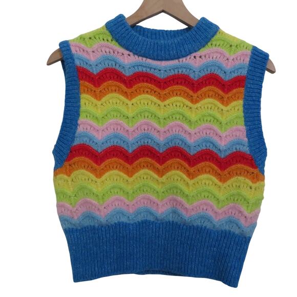 Zara Womens Sz S Rainbow Crochet Scalloped Vest Wool Alpaca Blend Sleeveless - Picture 1 of 5